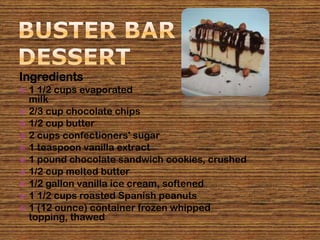 Ingredients
   1 1/2 cups evaporated
    milk
   2/3 cup chocolate chips
   1/2 cup butter
   2 cups confectioners' sugar
   1 teaspoon vanilla extract
   1 pound chocolate sandwich cookies, crushed
   1/2 cup melted butter
   1/2 gallon vanilla ice cream, softened
   1 1/2 cups roasted Spanish peanuts
   1 (12 ounce) container frozen whipped
    topping, thawed
 