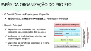 PAPÉIS DA ORGANIZAÇÃO DO PROJETO
• O Comitê Diretor do Projeto possui 3 papéis
 1) Executivo, 2) Usuário Principal, 3) Fornecedor Principal
• Usuário Principal
 Representa os interesses dos usuários e
especifica as necessidades dos mesmos;
 Verifica se os produtos finais atendem às
especificações exigidas;
 Especifica os benefícios esperados e reporta
durante o projeto.
 