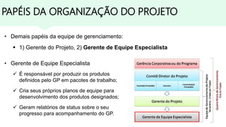 PAPÉIS DA ORGANIZAÇÃO DO PROJETO
• Demais papéis da equipe de gerenciamento:
 1) Gerente do Projeto, 2) Gerente de Equipe Especialista
• Gerente de Equipe Especialista
 É responsável por produzir os produtos
definidos pelo GP em pacotes de trabalho;
 Cria seus próprios planos de equipe para
desenvolvimento dos produtos designados;
 Geram relatórios de status sobre o seu
progresso para acompanhamento do GP.
 