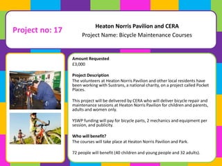 Heaton Norris Pavilion and CERA 
Project Name: Bicycle Maintenance Courses 
Amount Requested 
£3,000 
Project Description 
The volunteers at Heaton Norris Pavilion and other local residents have 
been working with Sustrans, a national charity, on a project called Pocket 
Places. 
This project will be delivered by CERA who will deliver bicycle repair and 
maintenance sessions at Heaton Norris Pavilion for children and parents, 
adults and women only. 
YSWP funding will pay for bicycle parts, 2 mechanics and equipment per 
session, and publicity. 
Who will benefit? 
The courses will take place at Heaton Norris Pavilion and Park. 
72 people will benefit (40 children and young people and 32 adults). 
Project no: 17 
 