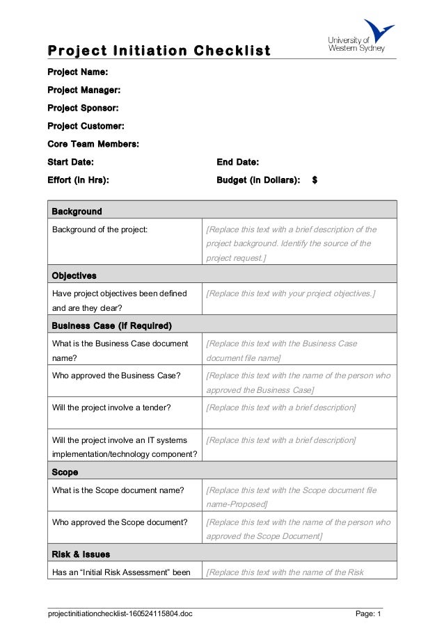 Project Initiation Checklist Project Initiation Checklist