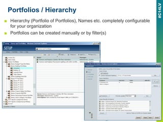 Portfolios / Hierarchy
■ Hierarchy (Portfolio of Portfolios), Names etc. completely configurable
for your organization
■ Portfolios can be created manually or by filter(s)
 
