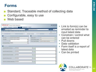 Forms
■ Standard, Traceable method of collecting data
■ Configurable, easy to use
■ Web based
• Link to form(s) can be
emailed as reminder to
input latest data
• Constrain / control what
can be entered
• Pull downs
• Data validation
• Form itself is a report of
latest data
• Can be printed
 