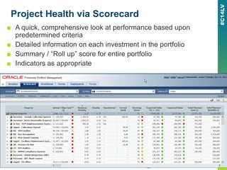Project Health via Scorecard
■ A quick, comprehensive look at performance based upon
predetermined criteria
■ Detailed information on each investment in the portfolio
■ Summary / “Roll up” score for entire portfolio
■ Indicators as appropriate
 