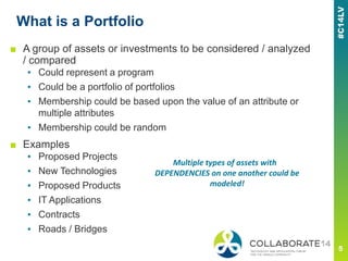 What is a Portfolio
■ A group of assets or investments to be considered / analyzed
/ compared
▪ Could represent a program
▪ Could be a portfolio of portfolios
▪ Membership could be based upon the value of an attribute or
multiple attributes
▪ Membership could be random
■ Examples
▪ Proposed Projects
▪ New Technologies
▪ Proposed Products
▪ IT Applications
▪ Contracts
▪ Roads / Bridges
Multiple types of assets with
DEPENDENCIES on one another could be
modeled!
 
