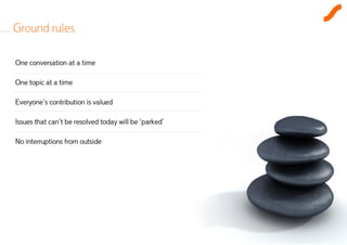 Ground rules

One conversation at a time

One topic at a time

Everyone’
Everyone’s contribution is valued

Issues that can’t be resolved today will be ‘parked’
            can’                             parked’

No interruptions from outside




                                                       4
 