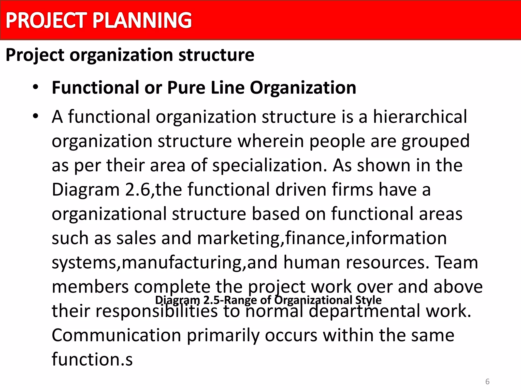 6
• Functional or Pure Line Organization
• A functional organization structure is a hierarchical
organization structure wherein people are grouped
as per their area of specialization. As shown in the
Diagram 2.6,the functional driven firms have a
organizational structure based on functional areas
such as sales and marketing,finance,information
systems,manufacturing,and human resources. Team
members complete the project work over and above
their responsibilities to normal departmental work.
Communication primarily occurs within the same
function.s
Project organization structure
Diagram 2.5-Range of Organizational Style
 