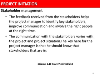 16
• The feedback received from the stakeholders helps
the project manager to identify key stakeholders,
improve communication and involve the right people
at the right time.
• The communication with the stakeholders varies with
the project and project situation.The key here for the
project manager is that he should know that
stakeholders that are in:
Stakeholder management
Diagram 2.10-Power/Interest Grid
 