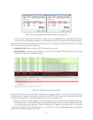 Figure 19: Process Explorer overview for 32-bit and 64-bit bots
For this report the focus is on the 64-bit variant, but the considerations are valid also for the 32-bit
case, since the only signiﬁcant diﬀerence is the speciﬁc port used to send and receive malicious packets.
After having contacted promos.ﬂing.com and queried geo/txt/city.php for location information, the sample
tries to contact two speciﬁc hosts (Fig. 20):
• 209.208.79.128, contacted using a TCP connection to port 80;
• 66.85.130.234, contacted using a DNS covert channel and encrypted UDP packets on port 53, that
looks like a sequence of malformed packets.
Figure 20: Bootstrap connection attempts
The goal of this operation is apparently to establish the connection with two supernodes in order to obtain
the information to properly encrypt the real packet of the P2P traﬃc, that starts immediately after this
exchange of information21
. Some interesting facts need to be considered here:
• These connection attempts happens only if the malware is not executed over the FakeNet-NG(1.3.2)
simulated network: this probably means that the tool is somehow detected by the malware that avoids
to reveal this particular behaviour. Instead, INetSim(1.4.1) appears to be undetected if not used in
21The same conclusions on this bootstrap traﬃc can be found here: http://www.behindthefirewalls.com/2013/06/
zeroaccess-trojan-network-analysis-part.html
17
 