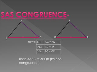 A
B C
P
Q R
S(1) AC = PQ
A(2) ∠C = ∠R
S(3) BC = QR
Now If,
Then ∆ABC ≅ ∆PQR (by SAS
congruence)
 