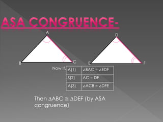 A
B C
D
E F
Now If, A(1) ∠BAC = ∠EDF
S(2) AC = DF
A(3) ∠ACB = ∠DFE
Then ∆ABC ≅ ∆DEF (by ASA
congruence)
 