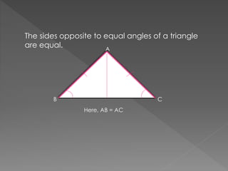 The sides opposite to equal angles of a triangle
are equal.
CB
A
Here, AB = AC
 