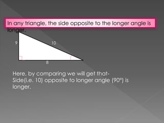 In any triangle, the side opposite to the longer angle is
longer.
10
8
9
Here, by comparing we will get that-
Side(i.e. 10) opposite to longer angle (90°) is
longer.
 