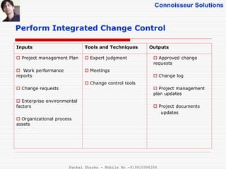Connoisseur Solutions
Perform Integrated Change Control
Inputs Tools and Techniques Outputs
 Project management Plan
 Work performance
reports
 Change requests
 Enterprise environmental
factors
 Organizational process
assets
 Expert judgment
 Meetings
 Change control tools
 Approved change
requests
 Change log
 Project management
plan updates
 Project documents
updates
Pankaj Sharma - Mobile No -919810996356
 