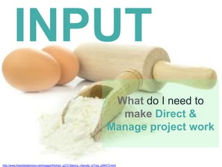 http://www.freedigitalphotos.net/images/Kitchen_g272-Baking_Utensils_InTray_p99473.html
INPUT
What do I need to
make Direct &
Manage project work
 