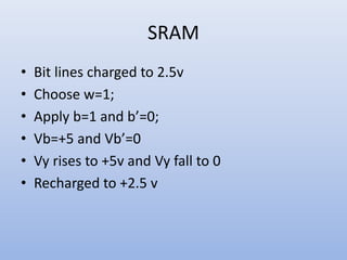 SRAM
• Bit lines charged to 2.5v
• Choose w=1;
• Apply b=1 and b’=0;
• Vb=+5 and Vb’=0
• Vy rises to +5v and Vy fall to 0
• Recharged to +2.5 v
 