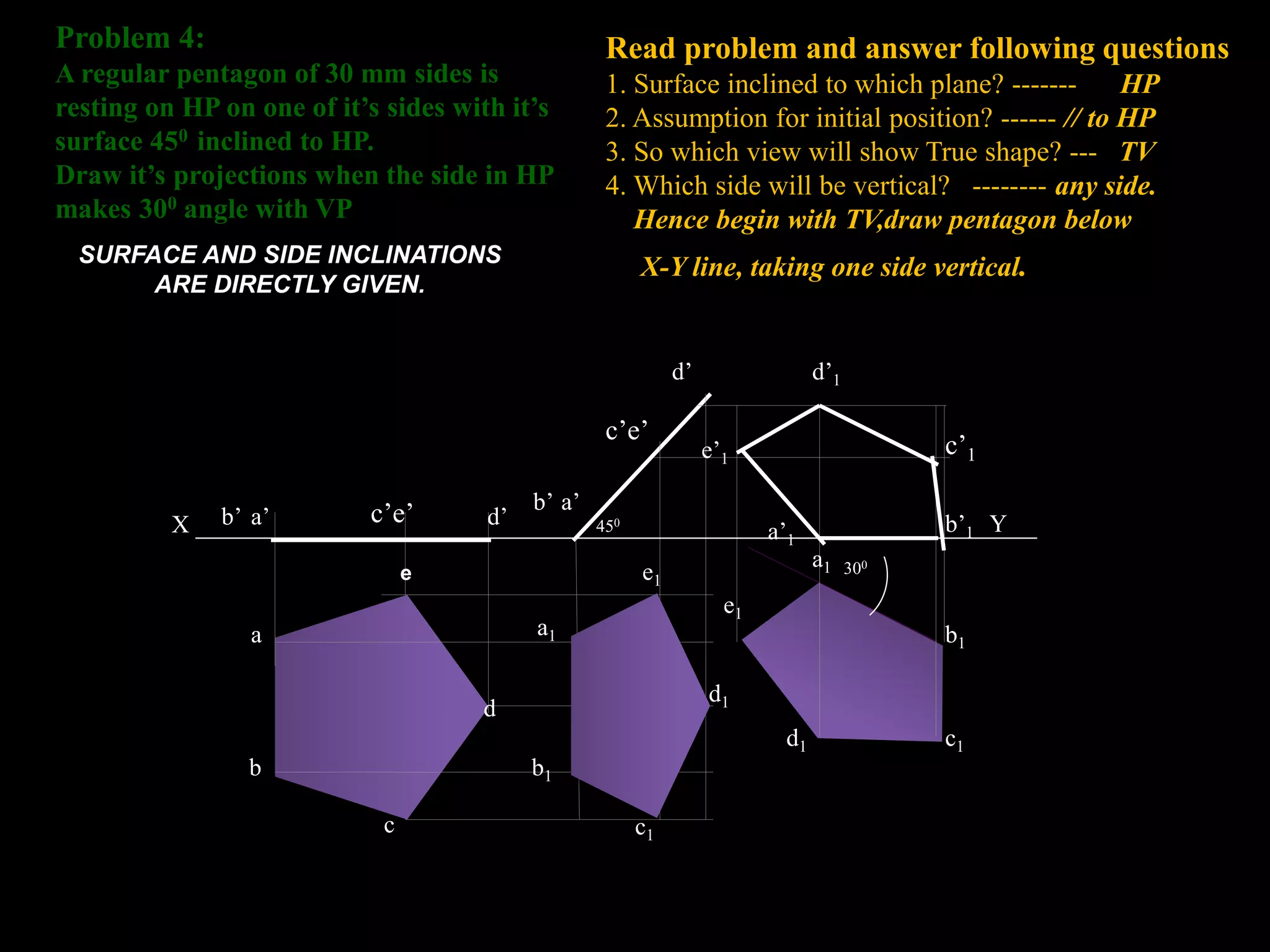 Read problem and answer following questions
1. Surface inclined to which plane? ------- HP
2. Assumption for initial position? ------ // to HP
3. So which view will show True shape? --- TV
4. Which side will be vertical? -------- any side.
Hence begin with TV,draw pentagon below
X-Y line, taking one side vertical.
Problem 4:
A regular pentagon of 30 mm sides is
resting on HP on one of it’s sides with it’s
surface 450 inclined to HP.
Draw it’s projections when the side in HP
makes 300 angle with VP
a’
b’ d’
b1
d
c1
a
c’e’
b
c
d1
b’1
a1
e’1
c’1
d’1
a1
b1
c1
d1
d’
a’
b’
c’e’
e1
e1
a’1
X Y
450
300
e
SURFACE AND SIDE INCLINATIONS
ARE DIRECTLY GIVEN.
 