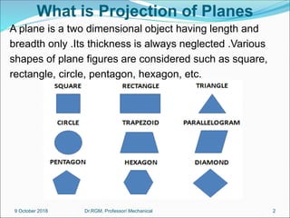 What is Projection of Planes
A plane is a two dimensional object having length and
breadth only .Its thickness is always neglected .Various
shapes of plane figures are considered such as square,
rectangle, circle, pentagon, hexagon, etc.
9 October 2018 2
Dr.RGM, Professor/ Mechanical
 