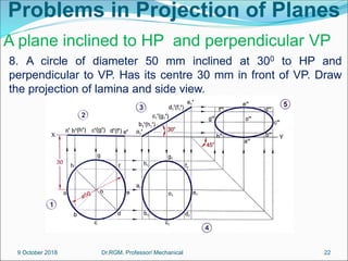 Problems in Projection of Planes
8. A circle of diameter 50 mm inclined at 300 to HP and
perpendicular to VP. Has its centre 30 mm in front of VP. Draw
the projection of lamina and side view.
A plane inclined to HP and perpendicular VP
9 October 2018 22
Dr.RGM, Professor/ Mechanical
 