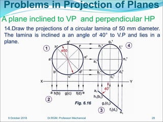 Problems in Projection of Planes
14.Draw the projections of a circular lamina of 50 mm diameter.
The lamina is inclined a an angle of 40° to V.P and lies in a
plane.
A plane inclined to VP and perpendicular HP
9 October 2018 28
Dr.RGM, Professor/ Mechanical
 