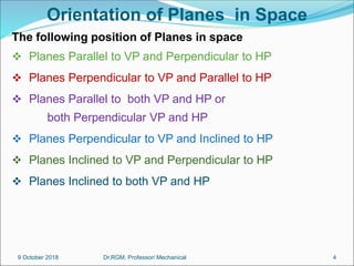 Orientation of Planes in Space
The following position of Planes in space
❖ Planes Parallel to VP and Perpendicular to HP
❖ Planes Perpendicular to VP and Parallel to HP
❖ Planes Parallel to both VP and HP or
both Perpendicular VP and HP
❖ Planes Perpendicular to VP and Inclined to HP
❖ Planes Inclined to VP and Perpendicular to HP
❖ Planes Inclined to both VP and HP
9 October 2018 4
Dr.RGM, Professor/ Mechanical
 