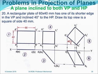 Problems in Projection of Planes
A plane inclined to both VP and HP
20. A rectangular plate of 60x40 mm has one of its shorter edge
in the VP and inclined 40° to the HP. Draw its top view is a
square of side 40 mm.
9 October 2018 35
Dr.RGM, Professor/ Mechanical
 