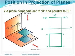 Position in Projection of Planes
2.A plane perpendicular to VP and parallel to HP
9 October 2018 7
Dr.RGM, Professor/ Mechanical
 