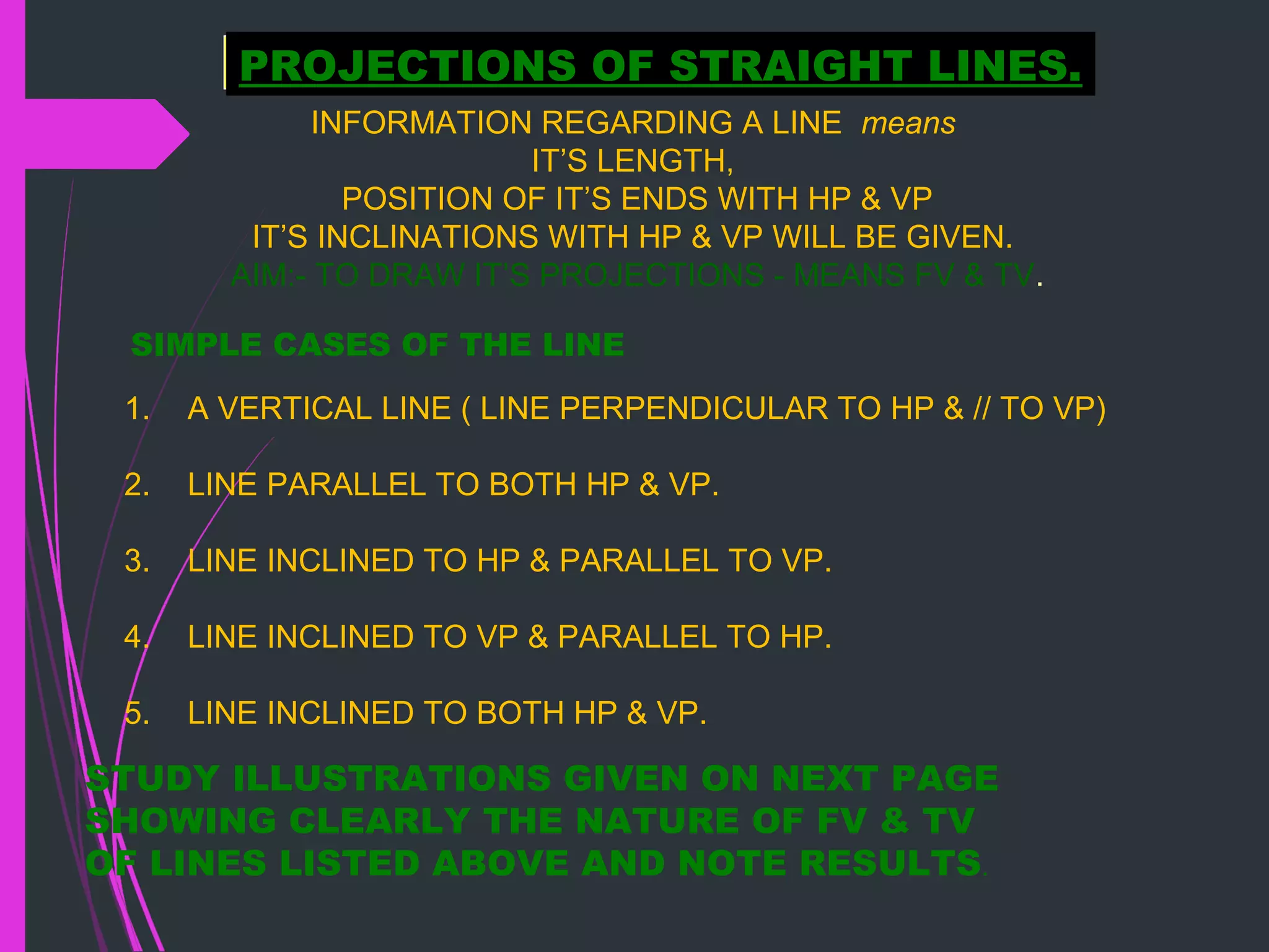 SIMPLE CASES OF THE LINE
1. A VERTICAL LINE ( LINE PERPENDICULAR TO HP & // TO VP)
2. LINE PARALLEL TO BOTH HP & VP.
3. LINE INCLINED TO HP & PARALLEL TO VP.
4. LINE INCLINED TO VP & PARALLEL TO HP.
5. LINE INCLINED TO BOTH HP & VP.
STUDY ILLUSTRATIONS GIVEN ON NEXT PAGE
SHOWING CLEARLY THE NATURE OF FV & TV
OF LINES LISTED ABOVE AND NOTE RESULTS.
PROJECTIONS OF STRAIGHT LINES.
INFORMATION REGARDING A LINE means
IT’S LENGTH,
POSITION OF IT’S ENDS WITH HP & VP
IT’S INCLINATIONS WITH HP & VP WILL BE GIVEN.
AIM:- TO DRAW IT’S PROJECTIONS - MEANS FV & TV.
 