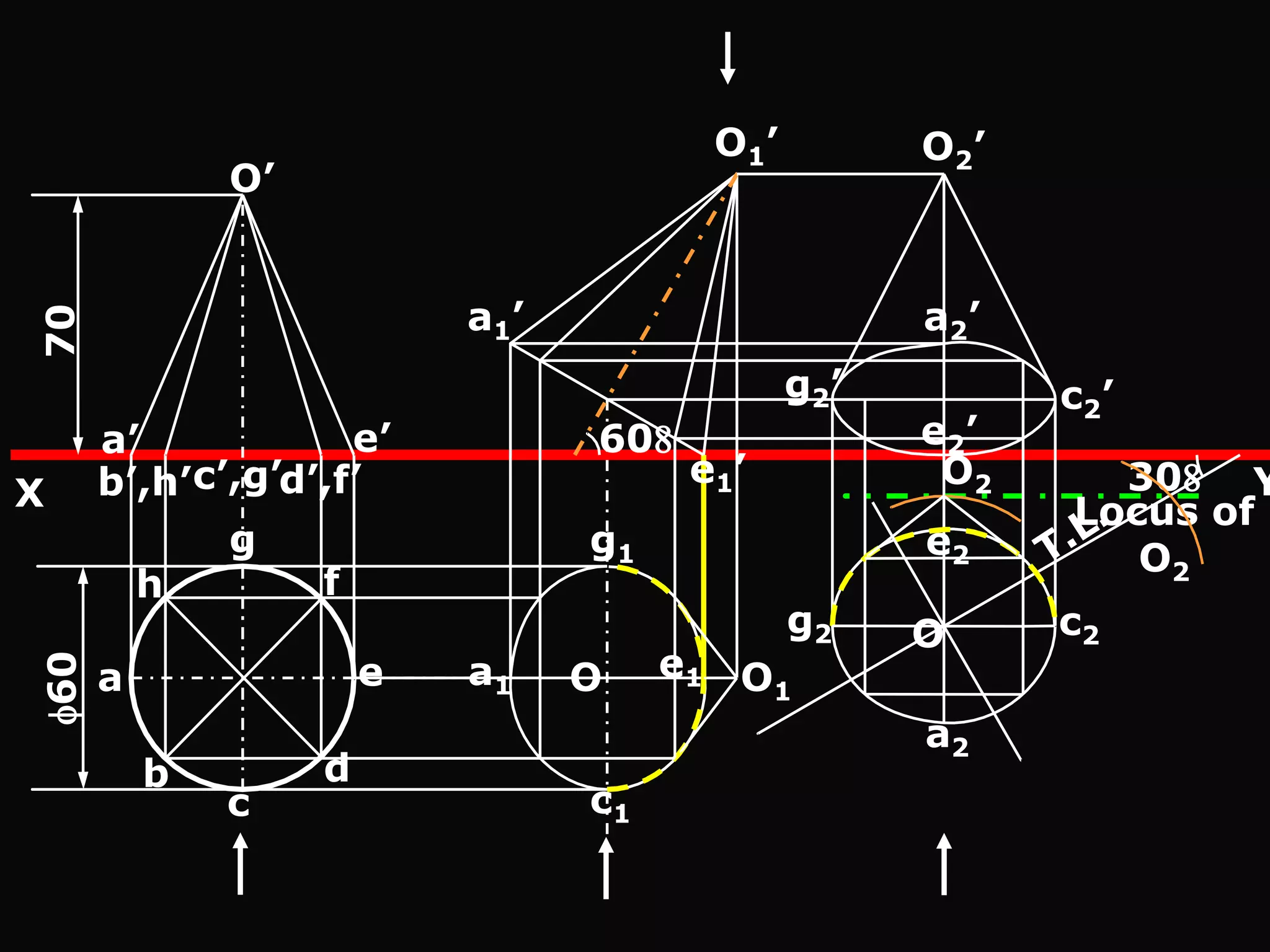 O’
7060
a’
b’,h’ d’,f’
e’
c’,g’ e1’
a1’
O1’
60
O2
Locus of
O2
30
a e
f
g
h
b d
c
O2’
a2’
e2’
c2’g2’
YX
O1
a1
c1
e1
g1
O
g2
a2
c2
e2
O
 