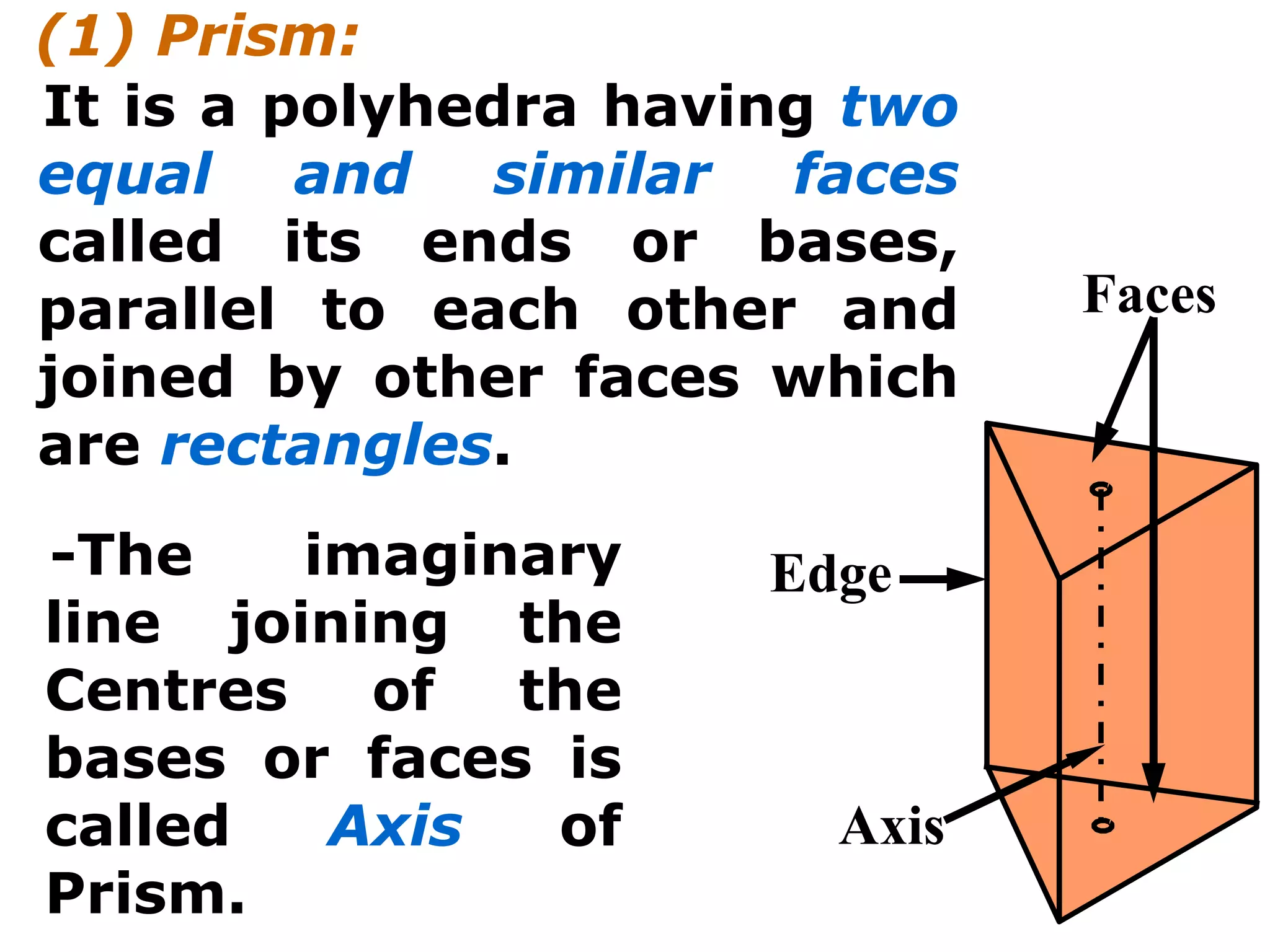 (1) Prism:
It is a polyhedra having two
equal and similar faces
called its ends or bases,
parallel to each other and
joined by other faces which
are rectangles.
-The imaginary
line joining the
Centres of the
bases or faces is
called Axis of
Prism.
Axis
Faces
Edge
 
