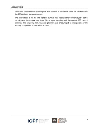 ASSUMPTIONS
9
taken into consideration by using the 30% column in the above table for smokers and
the 20% column for non-smokers.
The above table is not the final word on survival risk, because there will always be some
people who live a very long time. Since even planning until the age of 100 cannot
eliminate the longevity risk, financial planners are encouraged to incorporate a “life
annuity” component to take it into account.
 