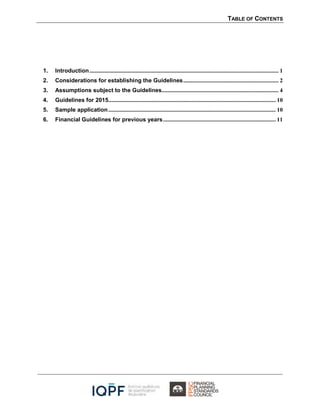 TABLE OF CONTENTS
1. Introduction................................................................................................................................... 1
2. Considerations for establishing the Guidelines.................................................................. 2
3. Assumptions subject to the Guidelines................................................................................. 4
4. Guidelines for 2015.................................................................................................................... 10
5. Sample application.................................................................................................................... 10
6. Financial Guidelines for previous years.............................................................................. 11
 