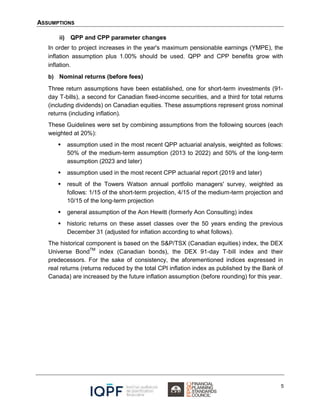 ASSUMPTIONS
5
ii) QPP and CPP parameter changes
In order to project increases in the year's maximum pensionable earnings (YMPE), the
inflation assumption plus 1.00% should be used. QPP and CPP benefits grow with
inflation.
b) Nominal returns (before fees)
Three return assumptions have been established, one for short-term investments (91-
day T-bills), a second for Canadian fixed-income securities, and a third for total returns
(including dividends) on Canadian equities. These assumptions represent gross nominal
returns (including inflation).
These Guidelines were set by combining assumptions from the following sources (each
weighted at 20%):
 assumption used in the most recent QPP actuarial analysis, weighted as follows:
50% of the medium-term assumption (2013 to 2022) and 50% of the long-term
assumption (2023 and later)
 assumption used in the most recent CPP actuarial report (2019 and later)
 result of the Towers Watson annual portfolio managers' survey, weighted as
follows: 1/15 of the short-term projection, 4/15 of the medium-term projection and
10/15 of the long-term projection
 general assumption of the Aon Hewitt (formerly Aon Consulting) index
 historic returns on these asset classes over the 50 years ending the previous
December 31 (adjusted for inflation according to what follows).
The historical component is based on the S&P/TSX (Canadian equities) index, the DEX
Universe BondTM
index (Canadian bonds), the DEX 91-day T-bill index and their
predecessors. For the sake of consistency, the aforementioned indices expressed in
real returns (returns reduced by the total CPI inflation index as published by the Bank of
Canada) are increased by the future inflation assumption (before rounding) for this year.
 