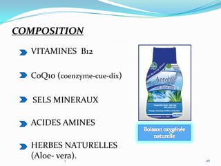 COMPOSITION

  VITAMINES B12

  CoQ10 (coenzyme-cue-dix)

   SELS MINERAUX

  ACIDES AMINES

  HERBES NATURELLES
  (Aloe- vera).
           1                 26
 