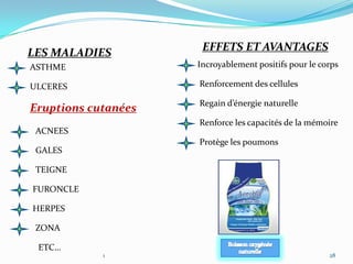 EFFETS ET AVANTAGES
LES MALADIES
ASTHME               Incroyablement positifs pour le corps

ULCERES              Renforcement des cellules

                     Regain d’énergie naturelle
Eruptions cutanées
                     Renforce les capacités de la mémoire
 ACNEES
                     Protège les poumons
 GALES

 TEIGNE

FURONCLE

HERPES

 ZONA

 ETC…
            1                                          28
 