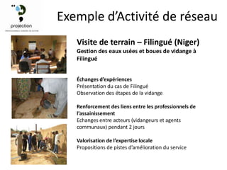 Exemple d’Activité de réseau
   Visite de terrain – Filingué (Niger)
   Gestion des eaux usées et boues de vidange à
   Filingué


   Échanges d’expériences
   Présentation du cas de Filingué
   Observation des étapes de la vidange

   Renforcement des liens entre les professionnels de
   l’assainissement
   Echanges entre acteurs (vidangeurs et agents
   communaux) pendant 2 jours

   Valorisation de l’expertise locale
   Propositions de pistes d’amélioration du service
 