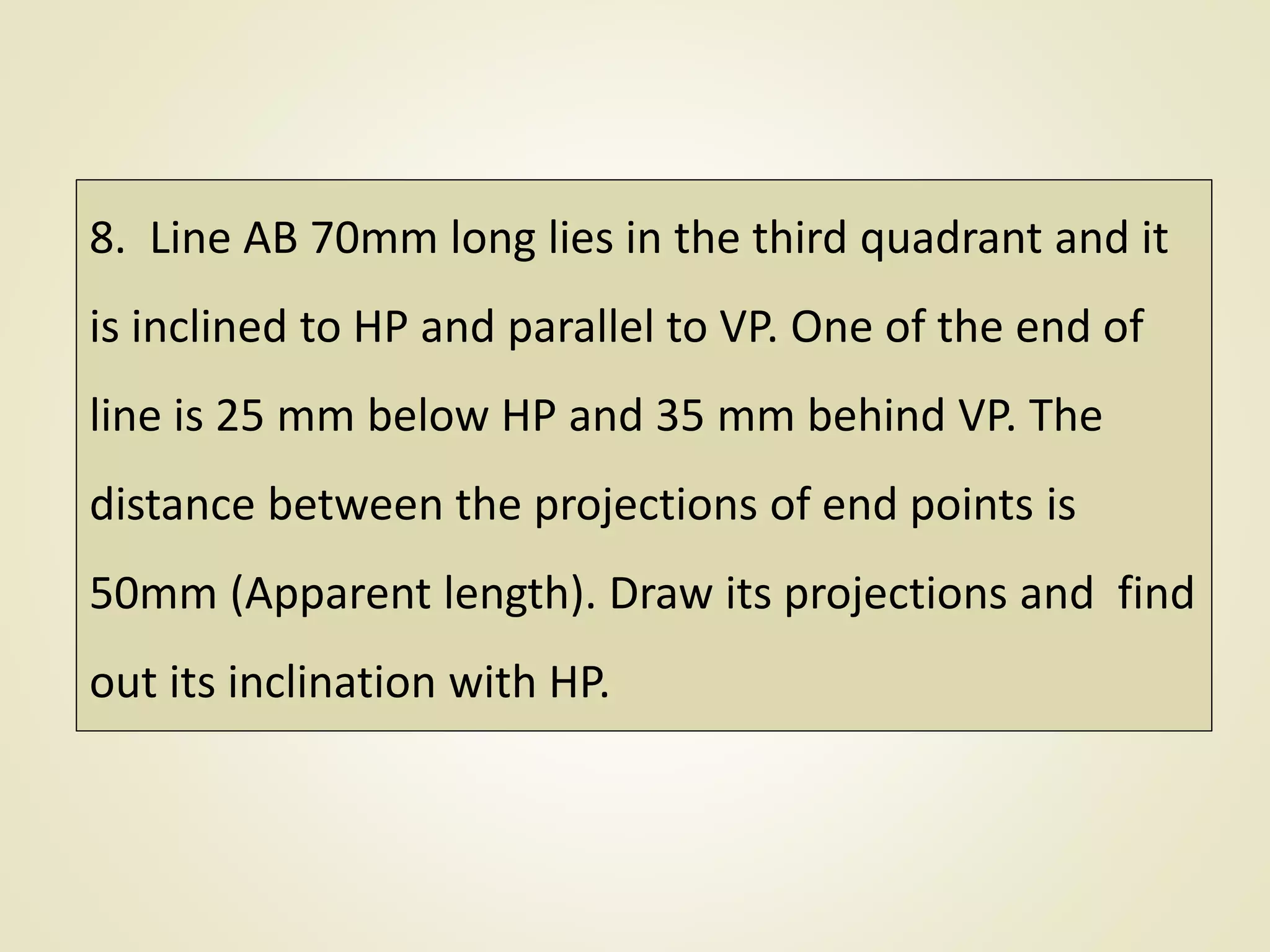 8. Line AB 70mm long lies in the third quadrant and it
is inclined to HP and parallel to VP. One of the end of
line is 25 mm below HP and 35 mm behind VP. The
distance between the projections of end points is
50mm (Apparent length). Draw its projections and find
out its inclination with HP.
 