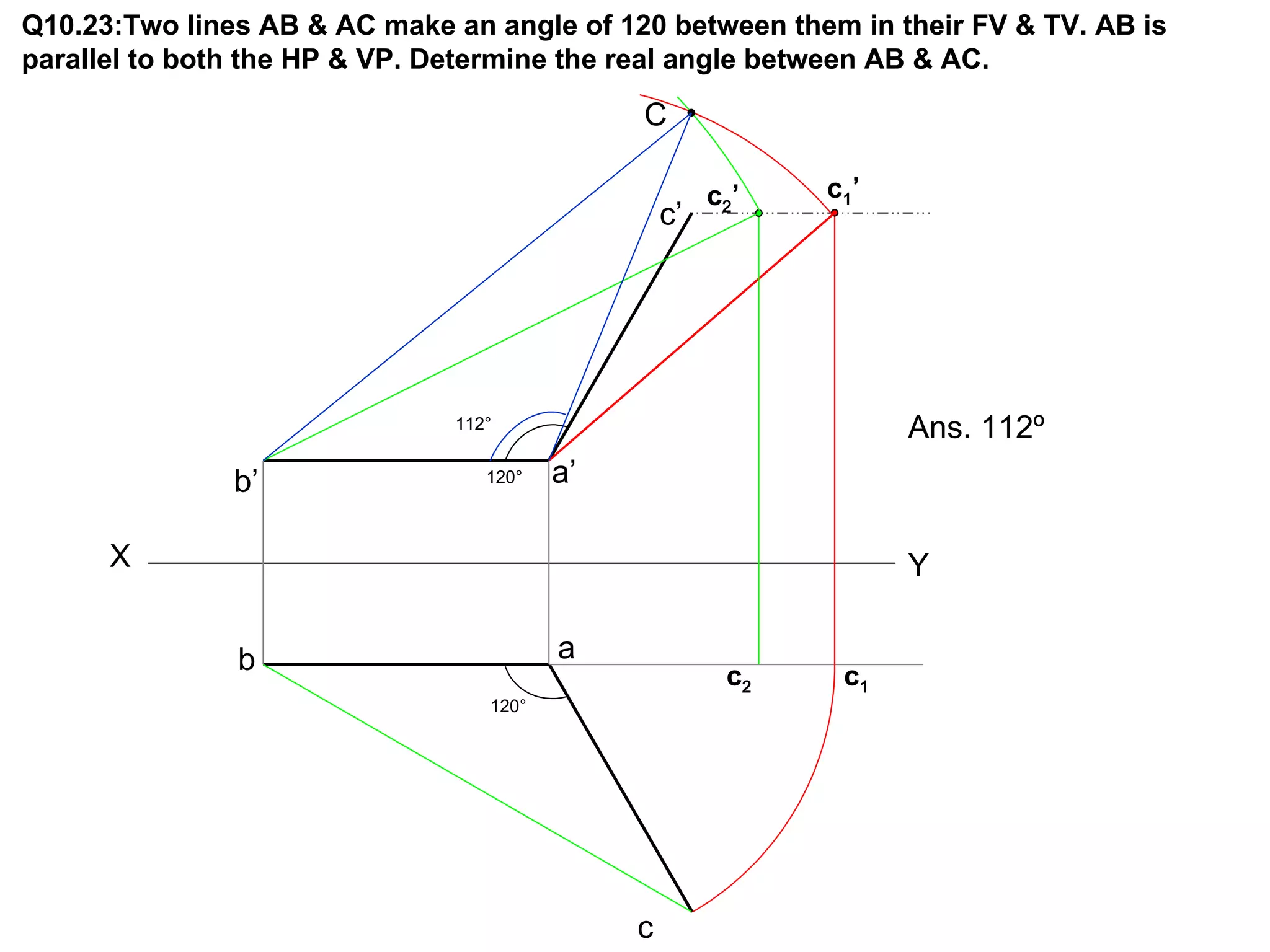 Q10.23:Two lines AB & AC make an angle of 120 between them in their FV & TV. AB is
parallel to both the HP & VP. Determine the real angle between AB & AC.

                                              C

                                                       c2 ’   c1 ’
                                                  c’




                               112°                                  Ans. 112º
               b’                 120°   a’

      X                                                              Y

               b                         a
                                                         c2     c1
                                  120°




                                              c
 