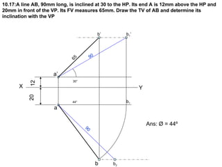 10.17:A line AB, 90mm long, is inclined at 30 to the HP. Its end A is 12mm above the HP and
20mm in front of the VP. Its FV measures 65mm. Draw the TV of AB and determine its
inclination with the VP


                                          b’        b1 ’




                                     90



                     a’     65
                              30°
           12




       X                                                   Y
           20




                             44°                    b1
                      a

                                                               Ans: Ø = 44º
                                    90




                                          b    b2
 