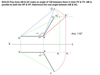 Q10.23:Two lines AB & AC make an angle of 120 between them in their FV & TV. AB is
parallel to both the HP & VP. Determine the real angle between AB & AC.

                                              C

                                                       c2 ’   c1 ’
                                                  c’




                               112°                                  Ans. 112º
               b’                 120°   a’

      X                                                              Y

               b                         a
                                                         c2     c1
                                  120°




                                              c
 