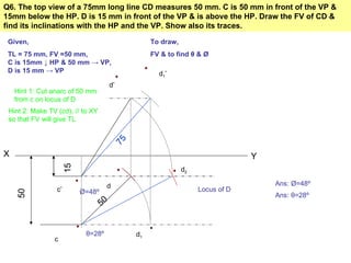 Q6. The top view of a 75mm long line CD measures 50 mm. C is 50 mm in front of the VP &
15mm below the HP. D is 15 mm in front of the VP & is above the HP. Draw the FV of CD &
find its inclinations with the HP and the VP. Show also its traces.

 Given,                                            To draw,
 TL = 75 mm, FV =50 mm,                            FV & to find θ & Ø
 C is 15mm ↓ HP & 50 mm → VP,
 D is 15 mm → VP                                     d1 ’
                                        d’
    Hint 1: Cut anarc of 50 mm
    from c on locus of D
 Hint 2: Make TV (cd), // to XY
 so that FV will give TL                 75



X                                                                               Y
                      15




                                                              d2

                                    d                                               Ans: Ø=48º
                 c’        Ø=48º                                   Locus of D
    50




                                                                                    Ans: θ=28º
                                   50


                            θ=28º             d1
                c
 