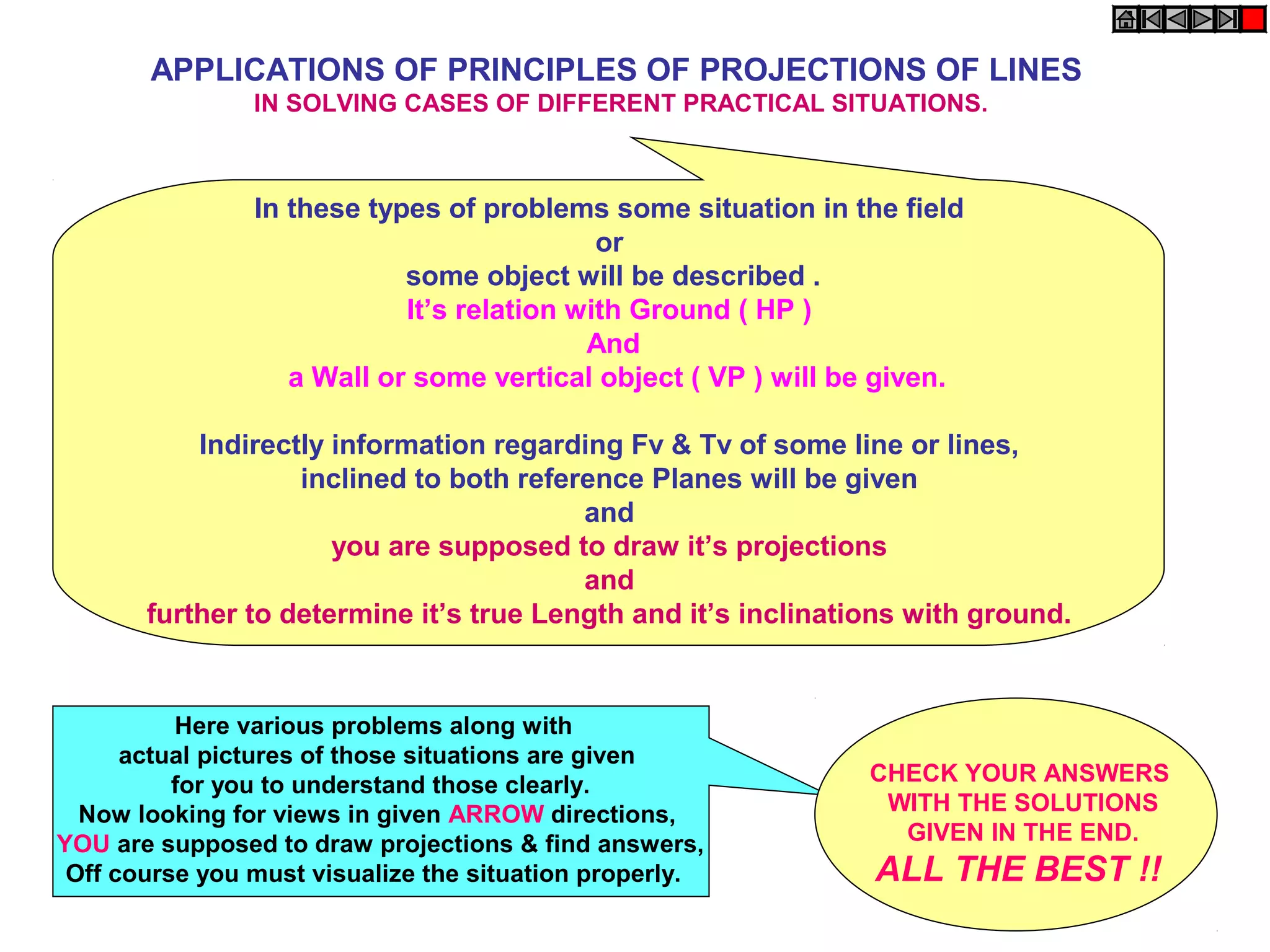 APPLICATIONS OF PRINCIPLES OF PROJECTIONS OF LINES
IN SOLVING CASES OF DIFFERENT PRACTICAL SITUATIONS.
In these types of problems some situation in the field
or
some object will be described .
It’s relation with Ground ( HP )
And
a Wall or some vertical object ( VP ) will be given.
Indirectly information regarding Fv & Tv of some line or lines,
inclined to both reference Planes will be given
and
you are supposed to draw it’s projections
and
further to determine it’s true Length and it’s inclinations with ground.
Here various problems along with
actual pictures of those situations are given
for you to understand those clearly.
Now looking for views in given ARROW directions,
YOU are supposed to draw projections & find answers,
Off course you must visualize the situation properly.
CHECK YOUR ANSWERS
WITH THE SOLUTIONS
GIVEN IN THE END.
ALL THE BEST !!
 