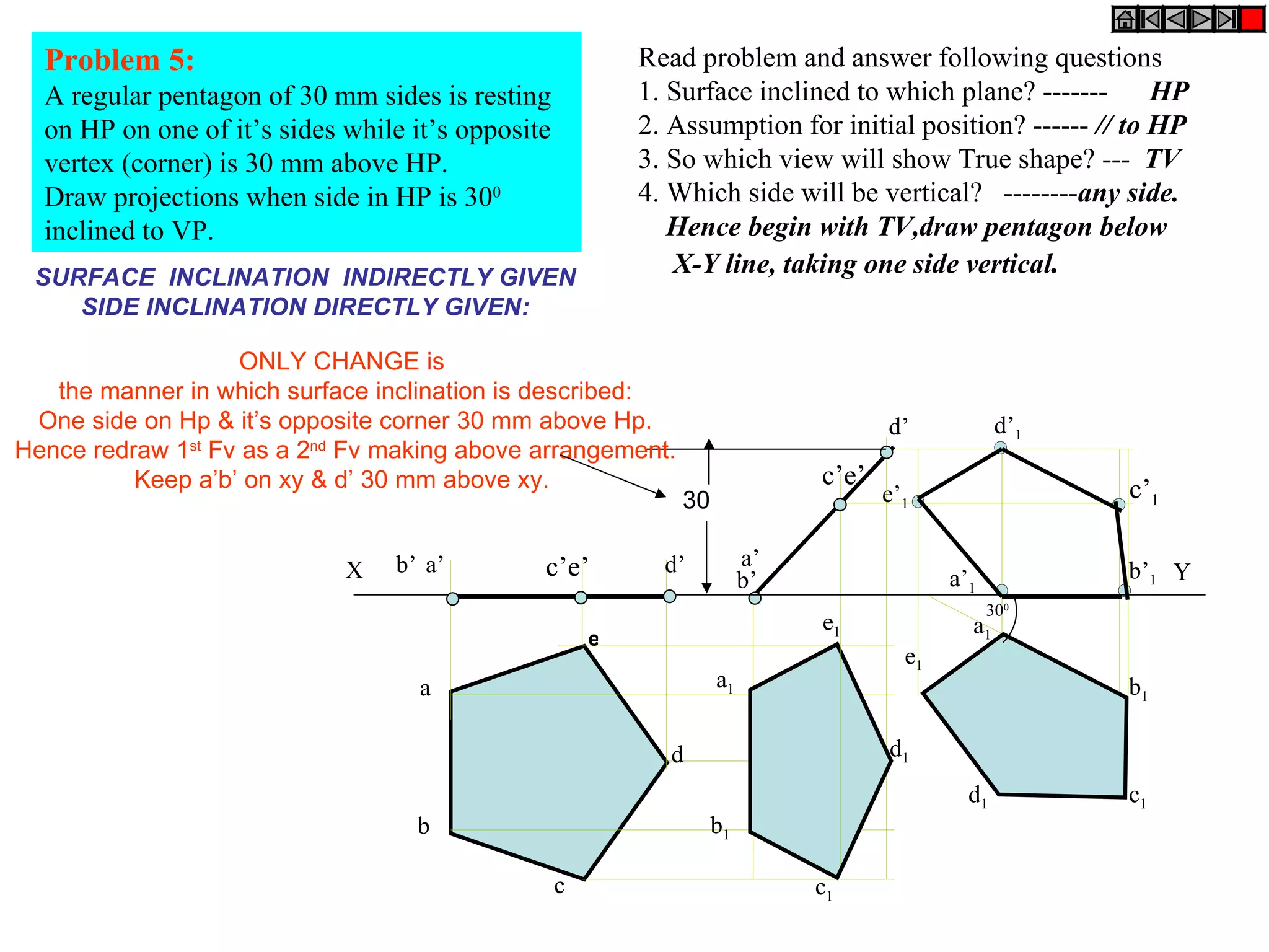 Problem 5:                                               Read problem and answer following questions
  A regular pentagon of 30 mm sides is resting             1. Surface inclined to which plane? ------- HP
  on HP on one of it’s sides while it’s opposite           2. Assumption for initial position? ------ // to HP
  vertex (corner) is 30 mm above HP.                       3. So which view will show True shape? --- TV
  Draw projections when side in HP is 300                  4. Which side will be vertical? --------any side.
  inclined to VP.                                             Hence begin with TV,draw pentagon below
 SURFACE INCLINATION INDIRECTLY GIVEN
                                                              X-Y line, taking one side vertical.
    SIDE INCLINATION DIRECTLY GIVEN:

                    ONLY CHANGE is
   the manner in which surface inclination is described:
 One side on Hp & it’s opposite corner 30 mm above Hp.                               d’            d’1
Hence redraw 1st Fv as a 2nd Fv making above arrangement.
          Keep a’b’ on xy & d’ 30 mm above xy.                                c’e’                       c’1
                                                               30                    e’1


                             X   b’ a’         c’e’          d’          a’
                                                                         b’                 a’1          b’1 Y
                                                                                                  300
                                                                              e1              a1
                                                       e
                                                                                       e1
                                    a                               a1                                   b1

                                                              d                      d1
                                                                                              d1         c1
                                   b                                b1

                                                   c                          c1
 