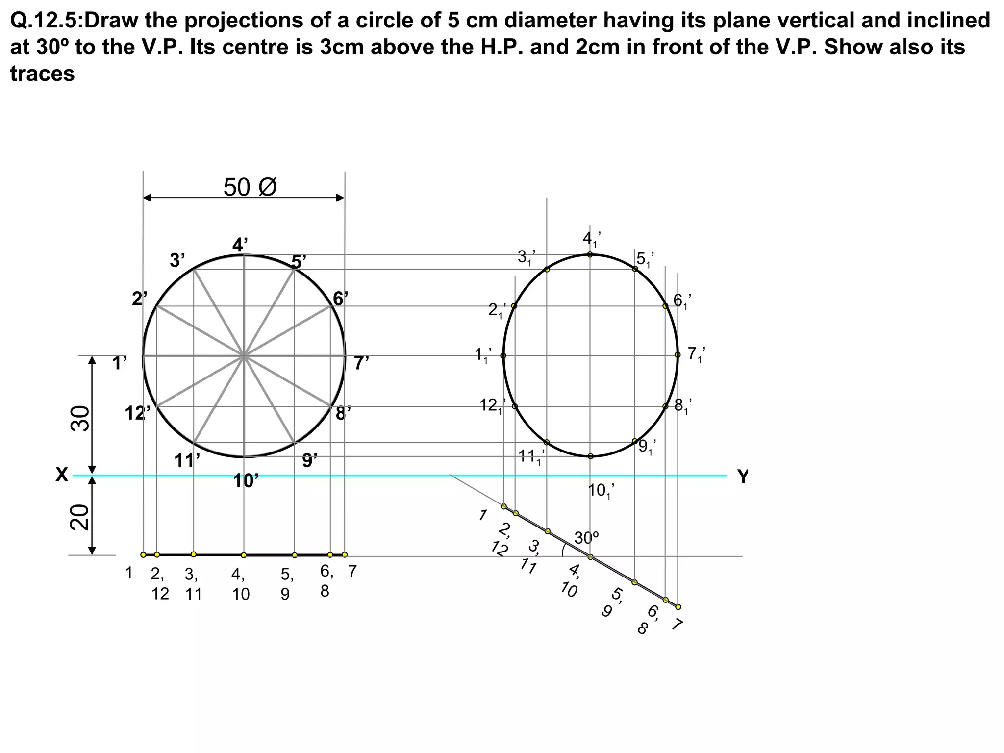 Q.12.5:Draw the projections of a circle of 5 cm diameter having its plane vertical and inclined
at 30º to the V.P. Its centre is 3cm above the H.P. and 2cm in front of the V.P. Show also its
traces




                            50 Ø

                            4’                                                 41 ’
                     3’             5’                            31 ’                     51’

               2’                             6’                                                    61 ’
                                                            21’

                                                        11’                                             71’
          1’                                       7’

                                                        121’                                        81’
           12’                                8’
     30




                                                                                           91’
                      11’               9’                        111’
    X                       10’                                                                               Y
                                                                               101’
                                                        1
     20




                                                             2,
                                                            12     3,      30º
                                                                  11      4,
           1        2, 3,   4,     5,        6, 7
                                             8                           10           5,
                    12 11   10     9
                                                                                  9            6,
                                                                                           8        7
 