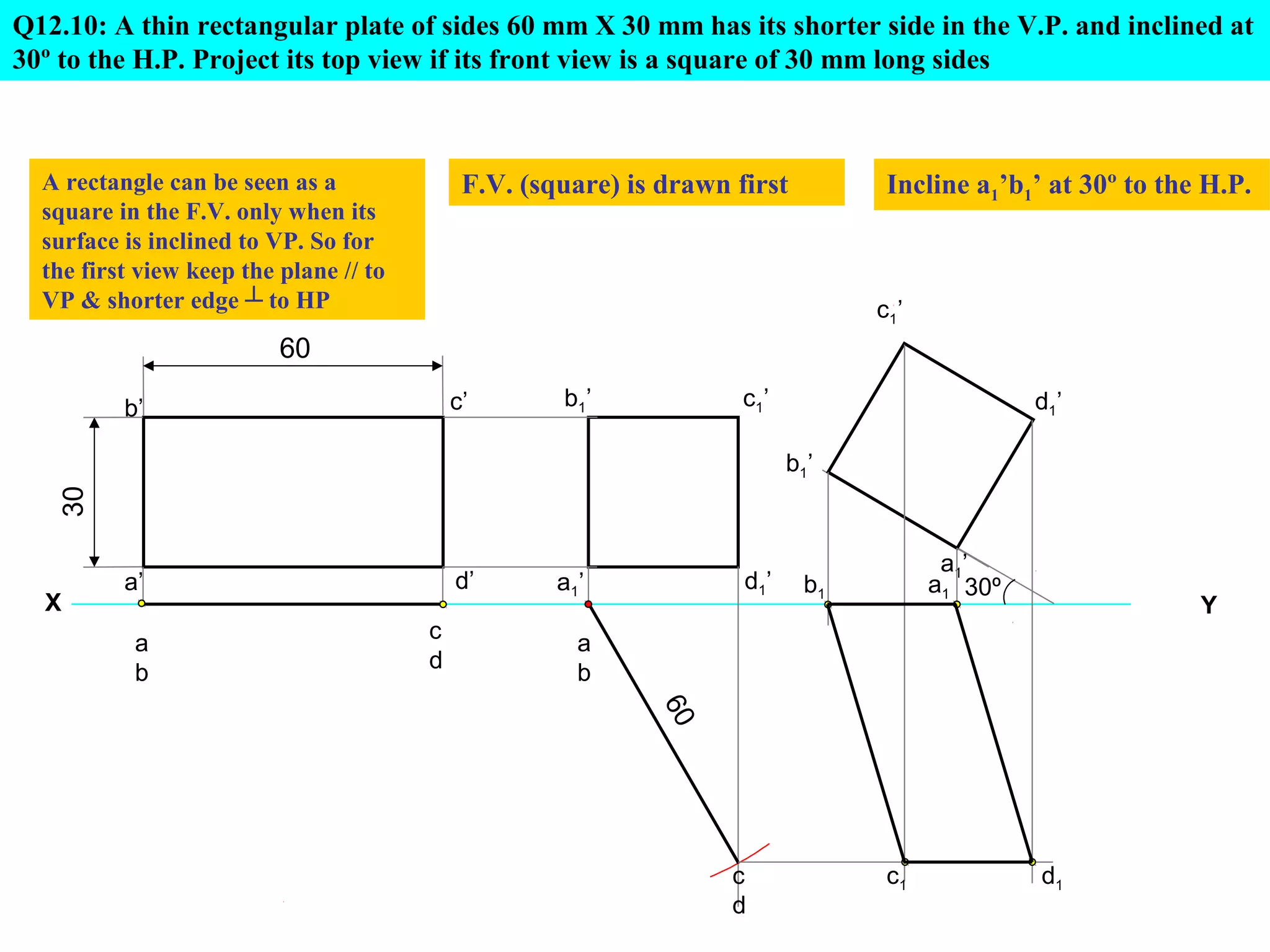 Q12.10: A thin rectangular plate of sides 60 mm X 30 mm has its shorter side in the V.P. and inclined at
30º to the H.P. Project its top view if its front view is a square of 30 mm long sides

A rectangle can be seen as a
square in the F.V. only when its
surface is inclined to VP. So for
the first view keep the plane // to
VP & shorter edge ┴ to HP

F.V. (square) is drawn first

Incline a1’b1’ at 30º to the H.P.

c1’

60
c’

b’

b1 ’

c1’

d1’

30

b1’

X

d’

a’
a
b

c
d

d1’

a1 ’

a1’
a1 30º

b1

Y

a
b

60
c
d

c1

d1

 