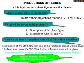 PROJECTIONS OF PLANES
In this topic various plane figures are the objects.
What will be given in the problem?
1. Description of the plane figure.
2. It’s position with HP and VP.
In which manner it’s position with HP & VP will be described?
1.Inclination of it’s SURFACE with one of the reference planes will be given.
2. Inclination of one of it’s EDGES with other reference plane will be given
(Hence this will be a case of an object inclined to both reference Planes.)
To draw their projections means F.V, T.V. & S.V.
What is usually asked in the problem?
Study the illustration showing
surface & side inclination given on next page.
 
