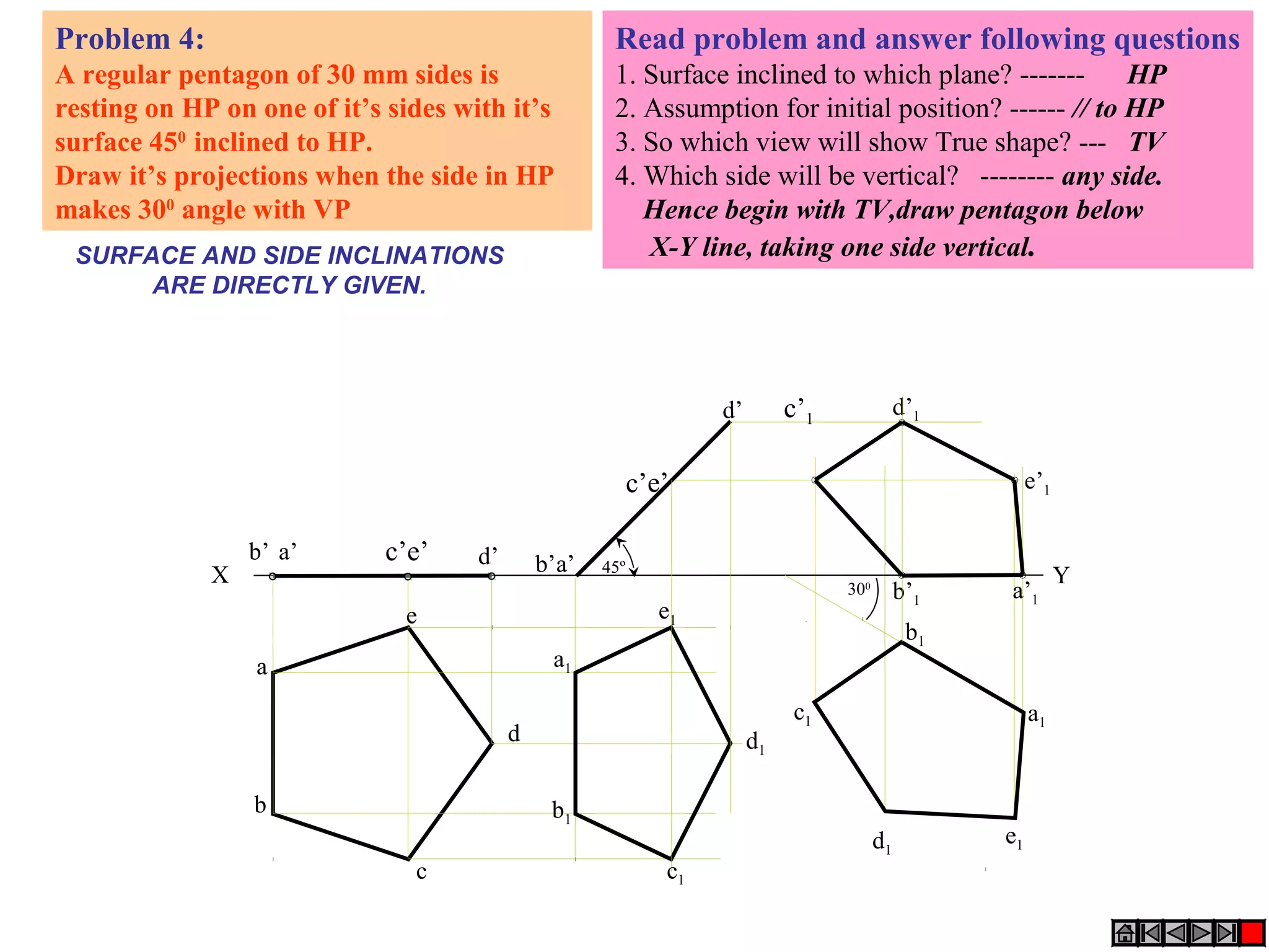 Read problem and answer following questions
1. Surface inclined to which plane? ------- HP
2. Assumption for initial position? ------ // to HP
3. So which view will show True shape? --- TV
4. Which side will be vertical? -------- any side.
Hence begin with TV,draw pentagon below
X-Y line, taking one side vertical.
Problem 4:
A regular pentagon of 30 mm sides is
resting on HP on one of it’s sides with it’s
surface 450
inclined to HP.
Draw it’s projections when the side in HP
makes 300
angle with VP
SURFACE AND SIDE INCLINATIONS
ARE DIRECTLY GIVEN.
b1
d1
a1
e1
b’1
e’1
c’1
d’1
a’1
X Y
a’b’ d’c’e’
300
b1
c1
d1
a1
e1
a
b
c
d
e
a’b’
d’
c’e’
45º
c1
 