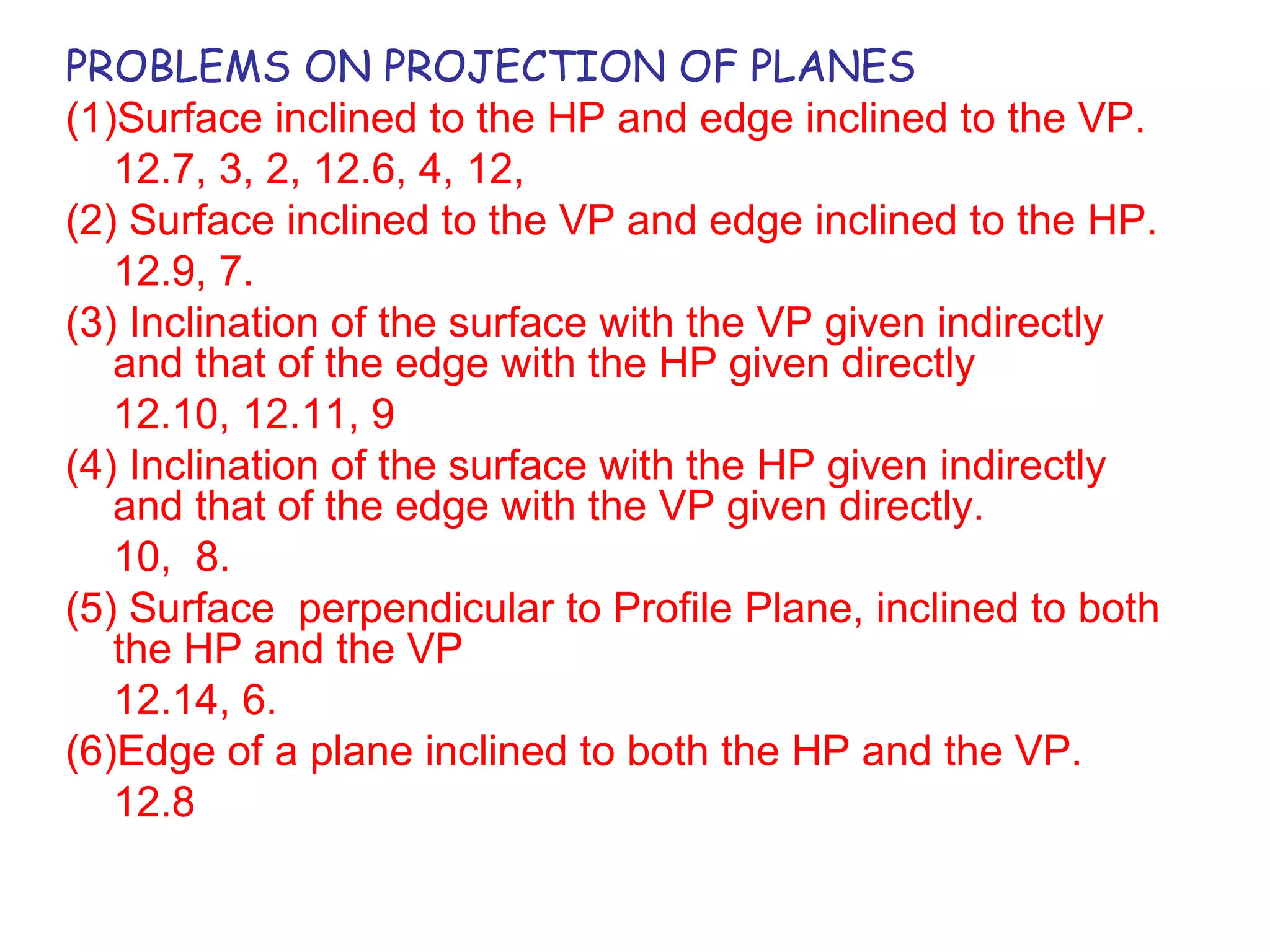 PROBLEMS ON PROJECTION OF PLANES
(1)Surface inclined to the HP and edge inclined to the VP.
12.7, 3, 2, 12.6, 4, 12,
(2) Surface inclined to the VP and edge inclined to the HP.
12.9, 7.
(3) Inclination of the surface with the VP given indirectly
and that of the edge with the HP given directly
12.10, 12.11, 9
(4) Inclination of the surface with the HP given indirectly
and that of the edge with the VP given directly.
10, 8.
(5) Surface perpendicular to Profile Plane, inclined to both
the HP and the VP
12.14, 6.
(6)Edge of a plane inclined to both the HP and the VP.
12.8
 