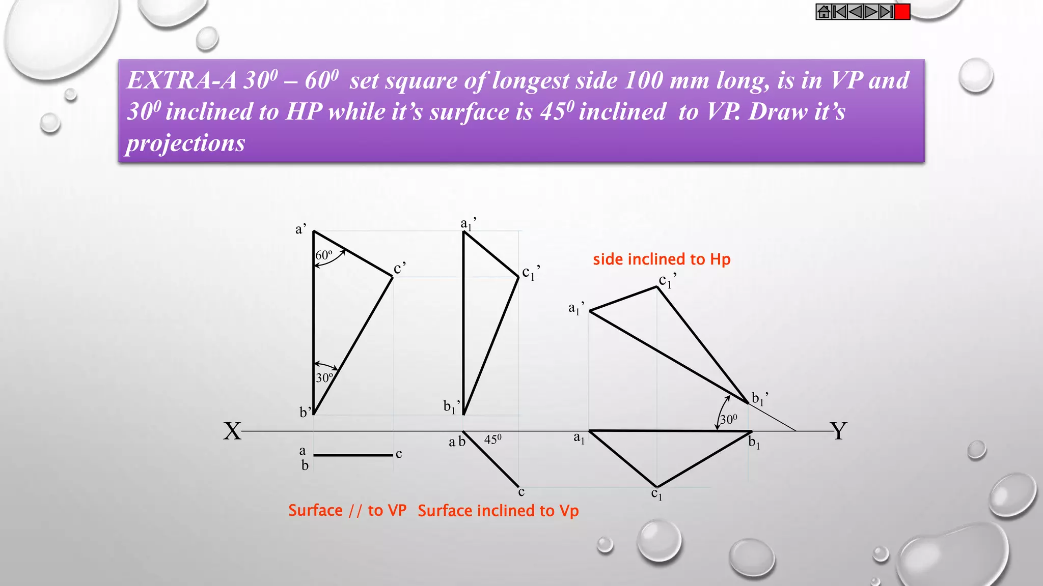 EXTRA-A 300 – 600 set square of longest side 100 mm long, is in VP and 
300 inclined to HP while it’s surface is 450 inclined to VP. Draw it’s 
projections 
X Y 
c1 
300 
450 
a1’ 
b1’ 
c1’ 
a 
c 
a’ 
a 
b1 
b’ 
b 
b a1 
c 
c’ 
Surface // to VP Surface inclined to Vp 
side inclined to Hp 
a1’ 
b1’ 
60º 
30º 
 