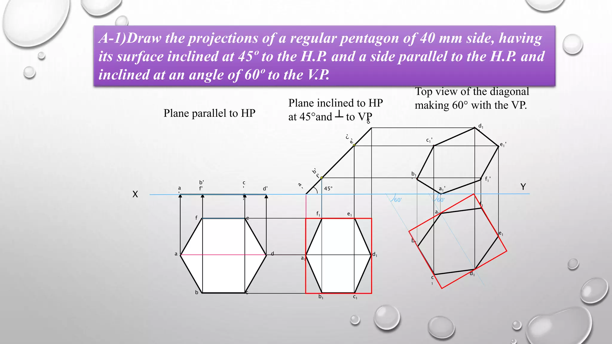 A-1)Draw the projections of a regular pentagon of 40 mm side, having 
its surface inclined at 45º to the H.P. and a side parallel to the H.P. and 
inclined at an angle of 60º to the V.P. 
a 
b c 
d 
f e 
a 
’ 
b’ 
f’ 
c 
’ 
e 
’ 
d’ 45° 
a1 
f1 e1 
d1 
b1 c1 
60° 
a1 
b1 
c 
1 
d1 
e1 
f1 
a1’ 
b1 
’ 
c1’ 
d1 
’ 
e1’ 
f1’ 
Plane parallel to HP 
Plane inclined to HP 
at 45°and ┴ to VP 
Top view of the diagonal 
making 60° with the VP. 
Y 
X 
60° 
 